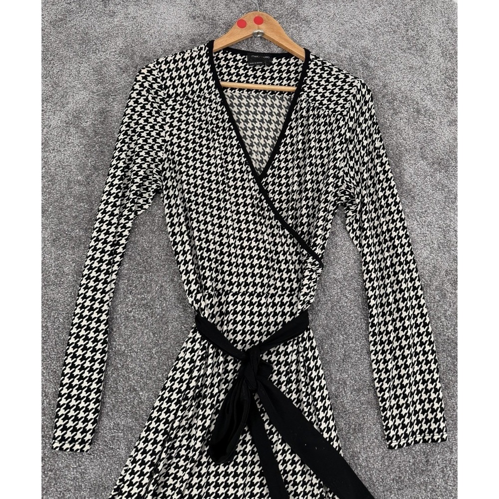 Max‎ & Cleo Houndstooth Long Sleeve Wrap Dress Black White Size Large